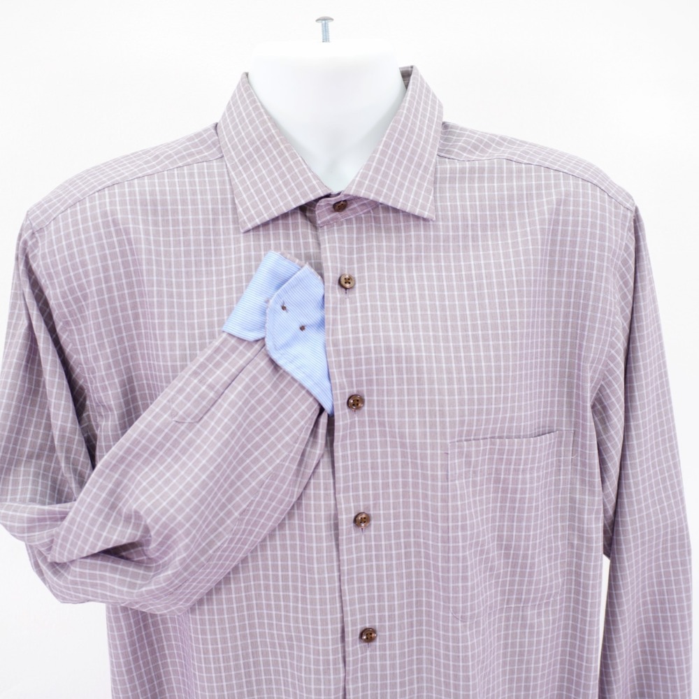 Joseph Abboud Non-Iron Large Brown Blue‎ Check Flip Cuff Collared Dress Shirt
